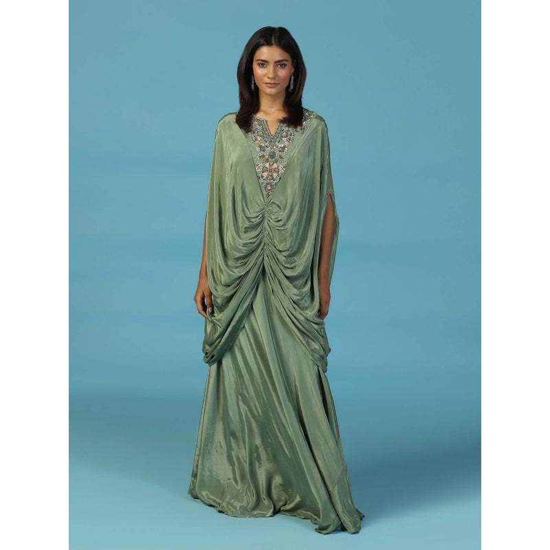 "Two Sisters" by Gyans Green Draped Kaftan Gown With Embroidered Yoke