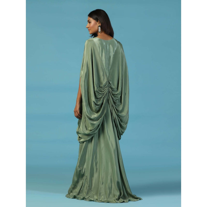 "Two Sisters" by Gyans Green Draped Kaftan Gown With Embroidered Yoke