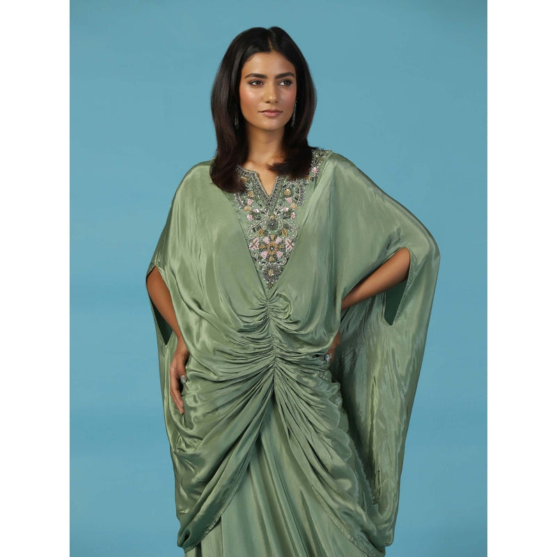 "Two Sisters" by Gyans Green Draped Kaftan Gown With Embroidered Yoke