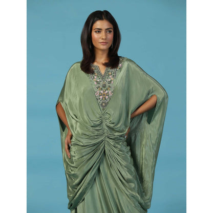 "Two Sisters" by Gyans Green Draped Kaftan Gown With Embroidered Yoke