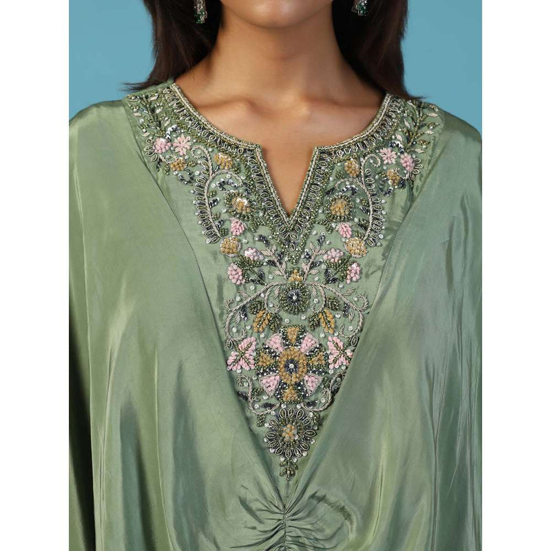 "Two Sisters" by Gyans Green Draped Kaftan Gown With Embroidered Yoke