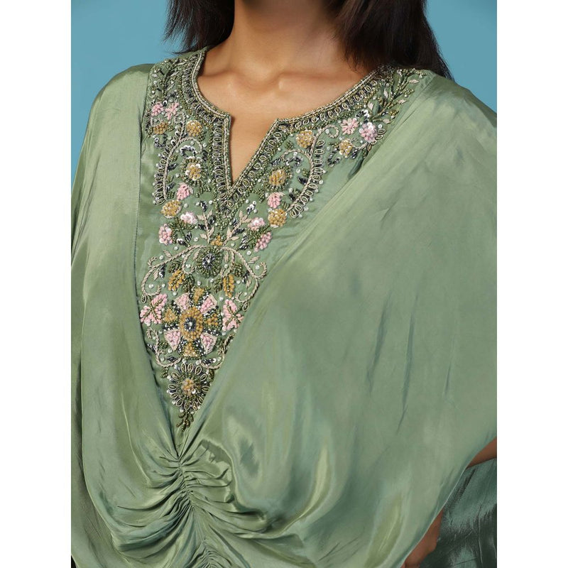 "Two Sisters" by Gyans Green Draped Kaftan Gown With Embroidered Yoke