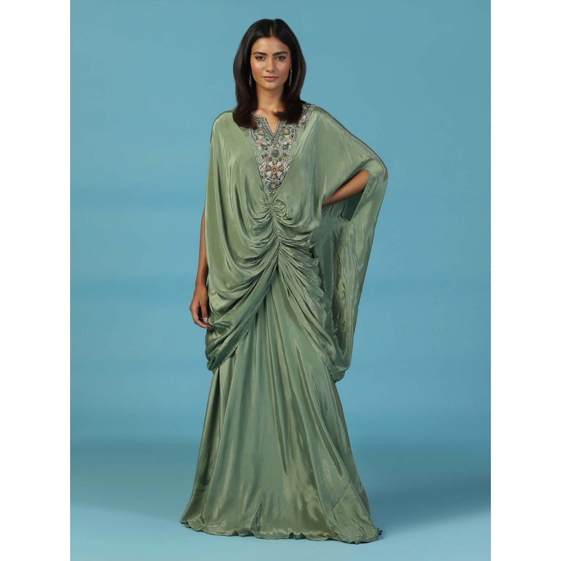 "Two Sisters" by Gyans Green Draped Kaftan Gown With Embroidered Yoke
