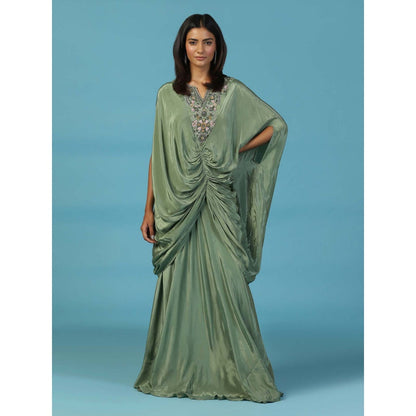 "Two Sisters" by Gyans Green Draped Kaftan Gown With Embroidered Yoke