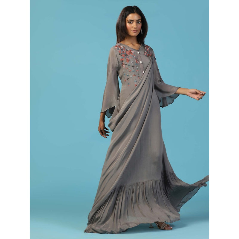 "Two Sisters" by Gyans Grey Chiffon Bell Sleeves Multi Resham Embroidered Yoke Draped Gown