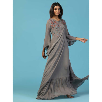 "Two Sisters" by Gyans Grey Chiffon Bell Sleeves Multi Resham Embroidered Yoke Draped Gown