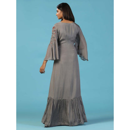 "Two Sisters" by Gyans Grey Chiffon Bell Sleeves Multi Resham Embroidered Yoke Draped Gown