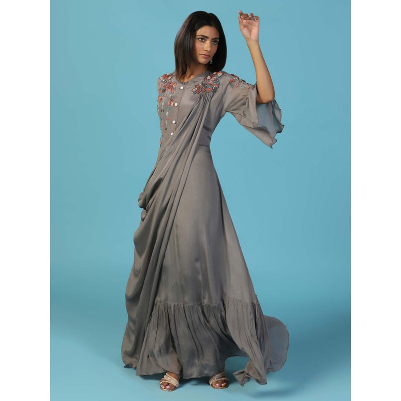 "Two Sisters" by Gyans Grey Chiffon Bell Sleeves Multi Resham Embroidered Yoke Draped Gown