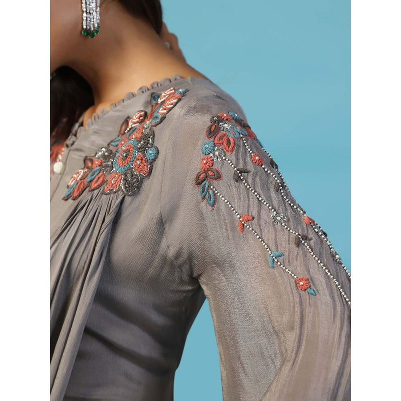 "Two Sisters" by Gyans Grey Chiffon Bell Sleeves Multi Resham Embroidered Yoke Draped Gown
