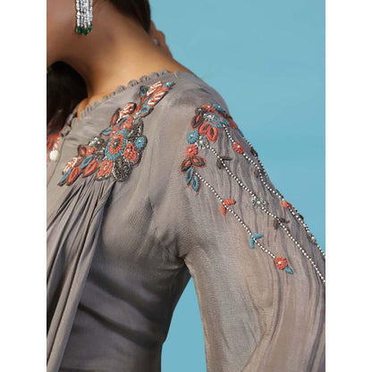 "Two Sisters" by Gyans Grey Chiffon Bell Sleeves Multi Resham Embroidered Yoke Draped Gown