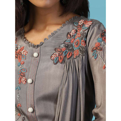 "Two Sisters" by Gyans Grey Chiffon Bell Sleeves Multi Resham Embroidered Yoke Draped Gown