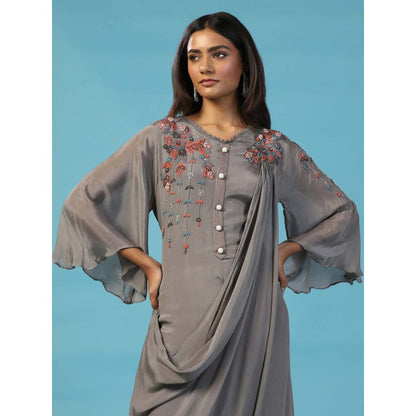 "Two Sisters" by Gyans Grey Chiffon Bell Sleeves Multi Resham Embroidered Yoke Draped Gown