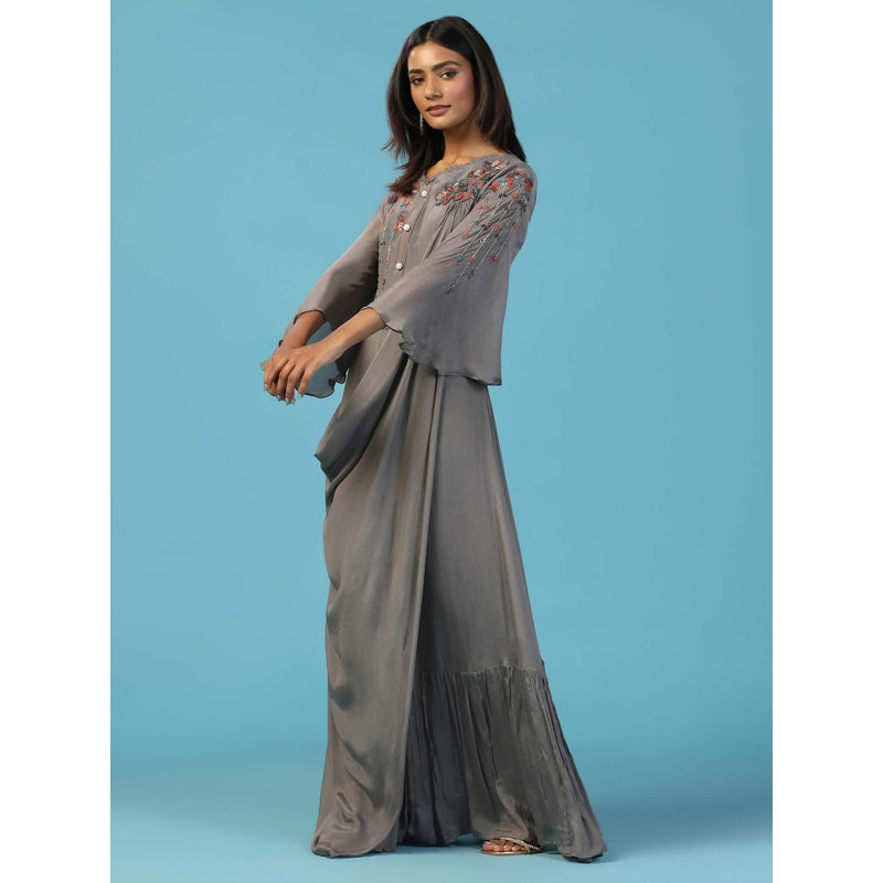 "Two Sisters" by Gyans Grey Chiffon Bell Sleeves Multi Resham Embroidered Yoke Draped Gown