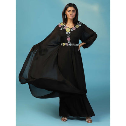 "Two Sisters" by Gyans Black Chiffon Multicolour Floral Hand Embroidery Gown