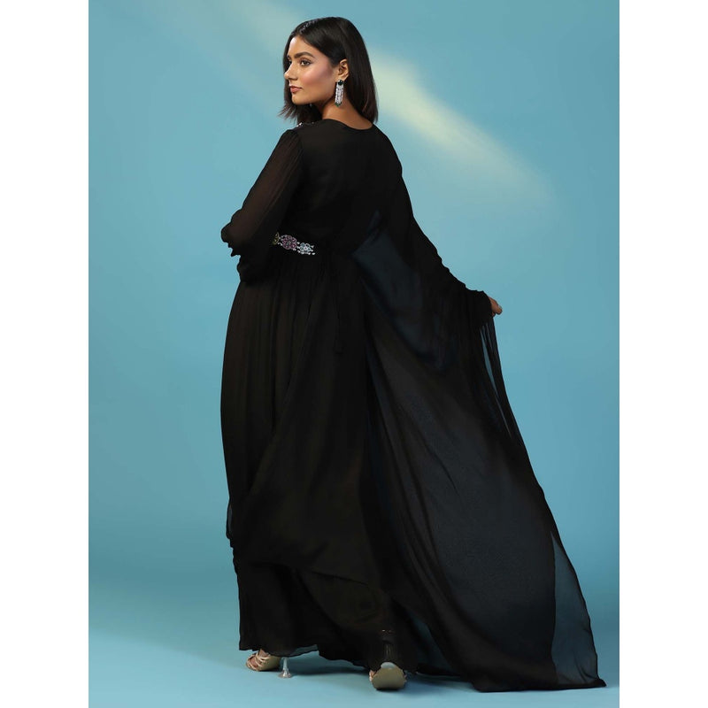 "Two Sisters" by Gyans Black Chiffon Multicolour Floral Hand Embroidery Gown