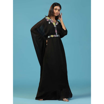 "Two Sisters" by Gyans Black Chiffon Multicolour Floral Hand Embroidery Gown