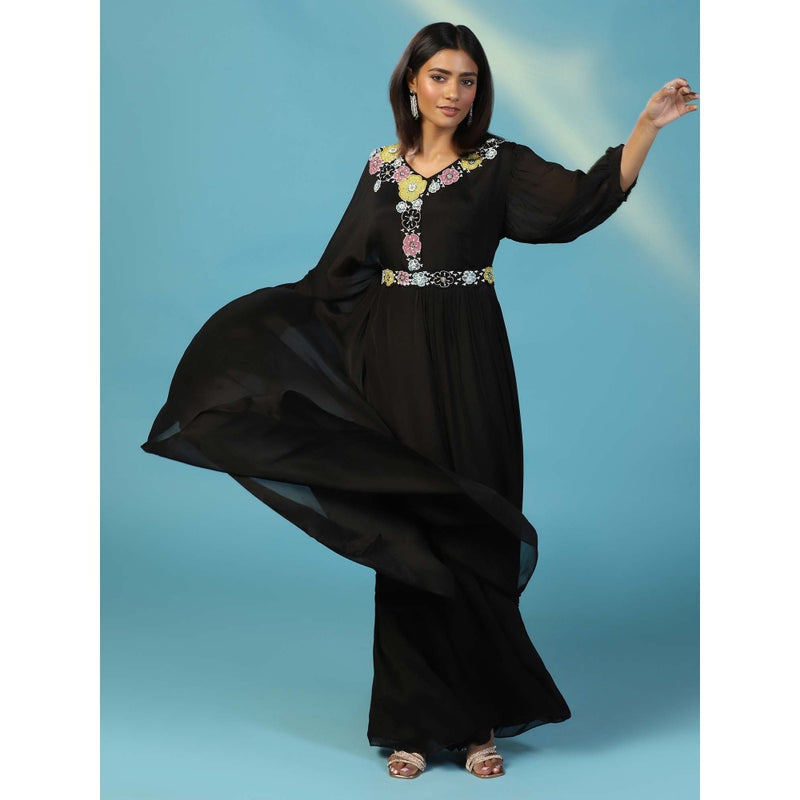 "Two Sisters" by Gyans Black Chiffon Multicolour Floral Hand Embroidery Gown