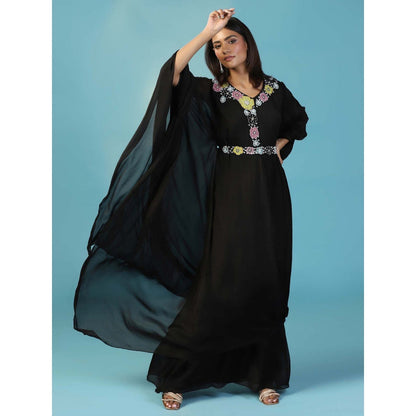 "Two Sisters" by Gyans Black Chiffon Multicolour Floral Hand Embroidery Gown