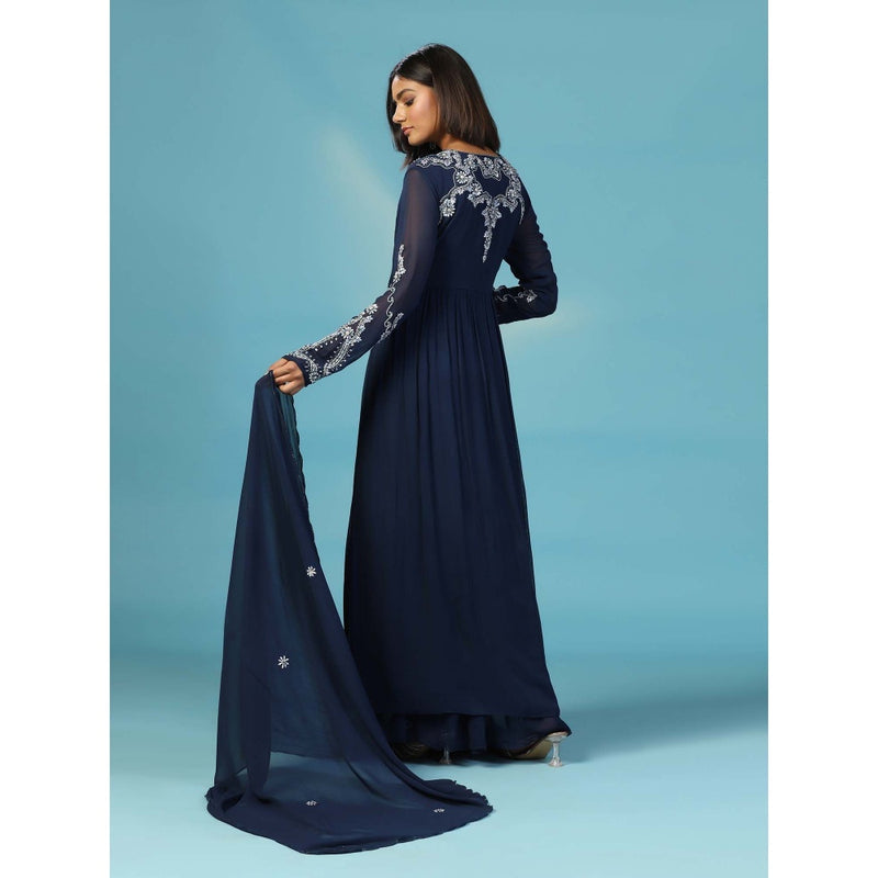 "Two Sisters" by Gyans Navy Blue Georgette Anarkali Kurta with Palazzo and Dupatta (Set of 3)