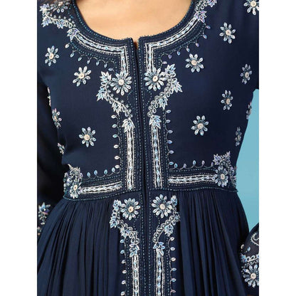 "Two Sisters" by Gyans Navy Blue Georgette Anarkali Kurta with Palazzo and Dupatta (Set of 3)