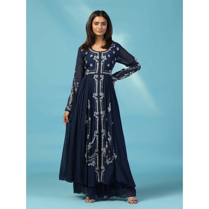 "Two Sisters" by Gyans Navy Blue Georgette Anarkali Kurta with Palazzo and Dupatta (Set of 3)