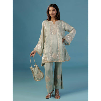 "Two Sisters" by Gyans Pale Green Tissue With Golden Zari Thread Embroidery Co-Ord (Set of 3)