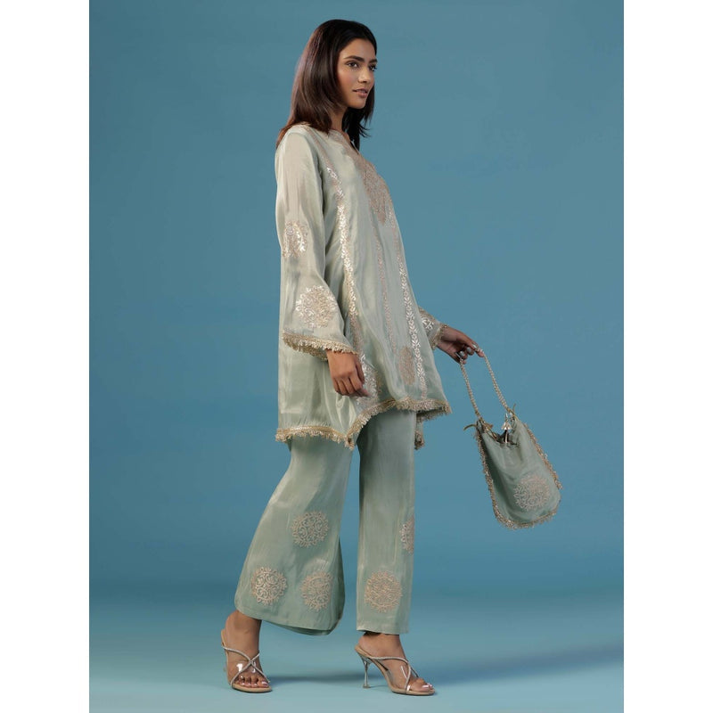 "Two Sisters" by Gyans Pale Green Tissue With Golden Zari Thread Embroidery Co-Ord (Set of 3)