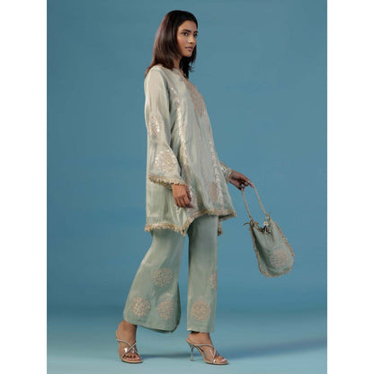 "Two Sisters" by Gyans Pale Green Tissue With Golden Zari Thread Embroidery Co-Ord (Set of 3)