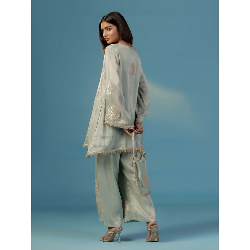 "Two Sisters" by Gyans Pale Green Tissue With Golden Zari Thread Embroidery Co-Ord (Set of 3)