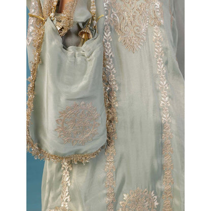 "Two Sisters" by Gyans Pale Green Tissue With Golden Zari Thread Embroidery Co-Ord (Set of 3)