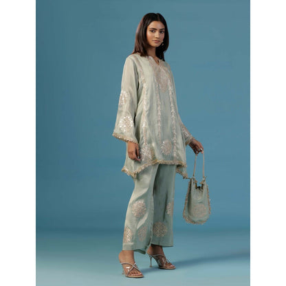 "Two Sisters" by Gyans Pale Green Tissue With Golden Zari Thread Embroidery Co-Ord (Set of 3)