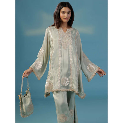 "Two Sisters" by Gyans Pale Green Tissue With Golden Zari Thread Embroidery Co-Ord (Set of 3)