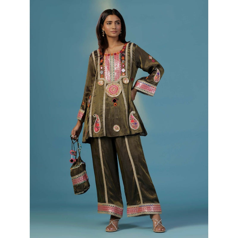 "Two Sisters" by Gyans The Banjara Coca Cola Tissue Mirror Thread Embroidery Co-Ord (Set of 3)