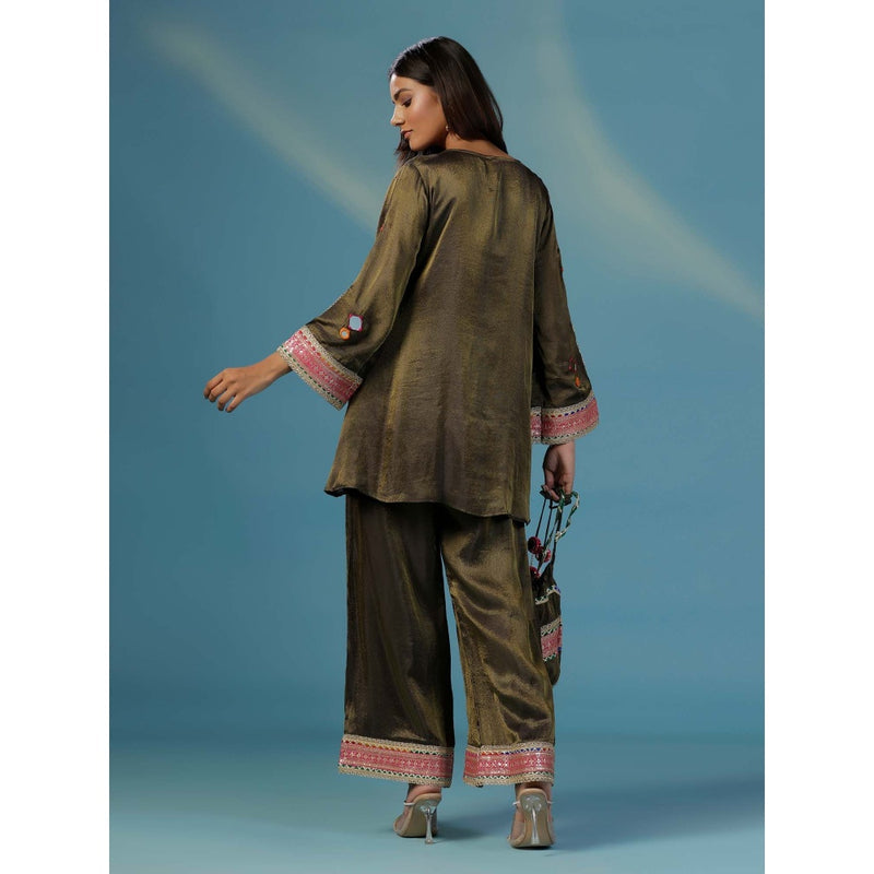 "Two Sisters" by Gyans The Banjara Coca Cola Tissue Mirror Thread Embroidery Co-Ord (Set of 3)