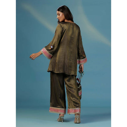 "Two Sisters" by Gyans The Banjara Coca Cola Tissue Mirror Thread Embroidery Co-Ord (Set of 3)