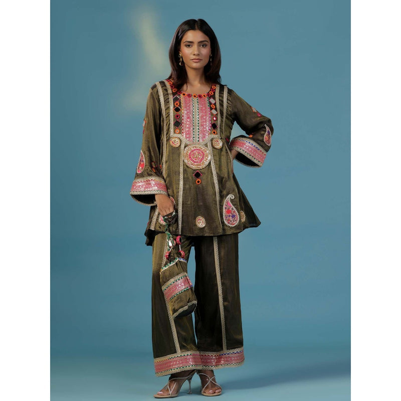 "Two Sisters" by Gyans The Banjara Coca Cola Tissue Mirror Thread Embroidery Co-Ord (Set of 3)