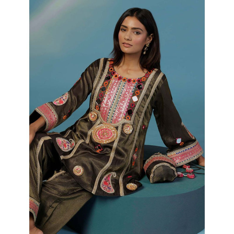 "Two Sisters" by Gyans The Banjara Coca Cola Tissue Mirror Thread Embroidery Co-Ord (Set of 3)