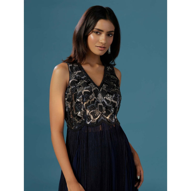 "Two Sisters" by Gyans Navy Blue Fringed Kurta with Sharara (Set of 2)