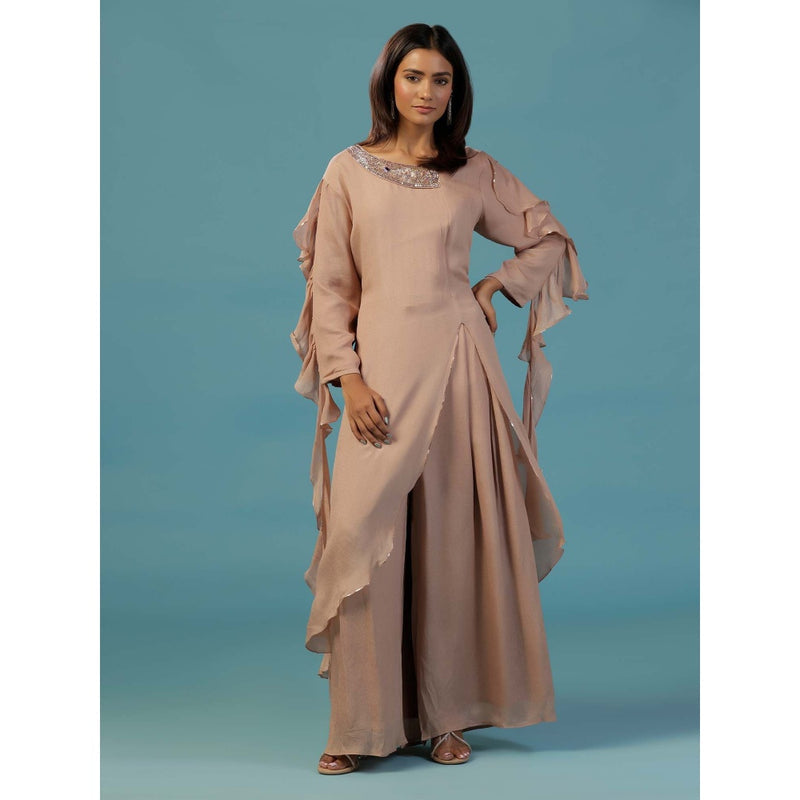 "Two Sisters" by Gyans Taupe Chinnon Hand Embellished Asymmetric Kurta With Palazzo (Set of 2)