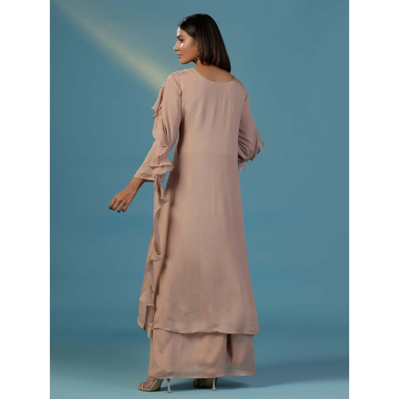 "Two Sisters" by Gyans Taupe Chinnon Hand Embellished Asymmetric Kurta With Palazzo (Set of 2)