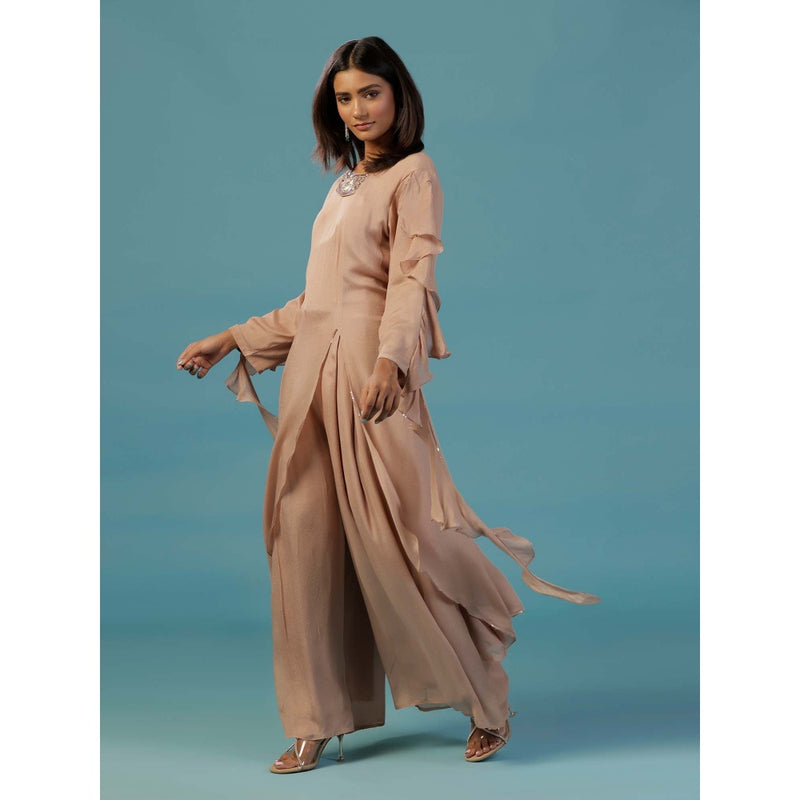 "Two Sisters" by Gyans Taupe Chinnon Hand Embellished Asymmetric Kurta With Palazzo (Set of 2)