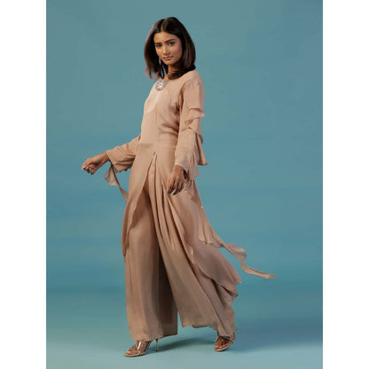 "Two Sisters" by Gyans Taupe Chinnon Hand Embellished Asymmetric Kurta With Palazzo (Set of 2)