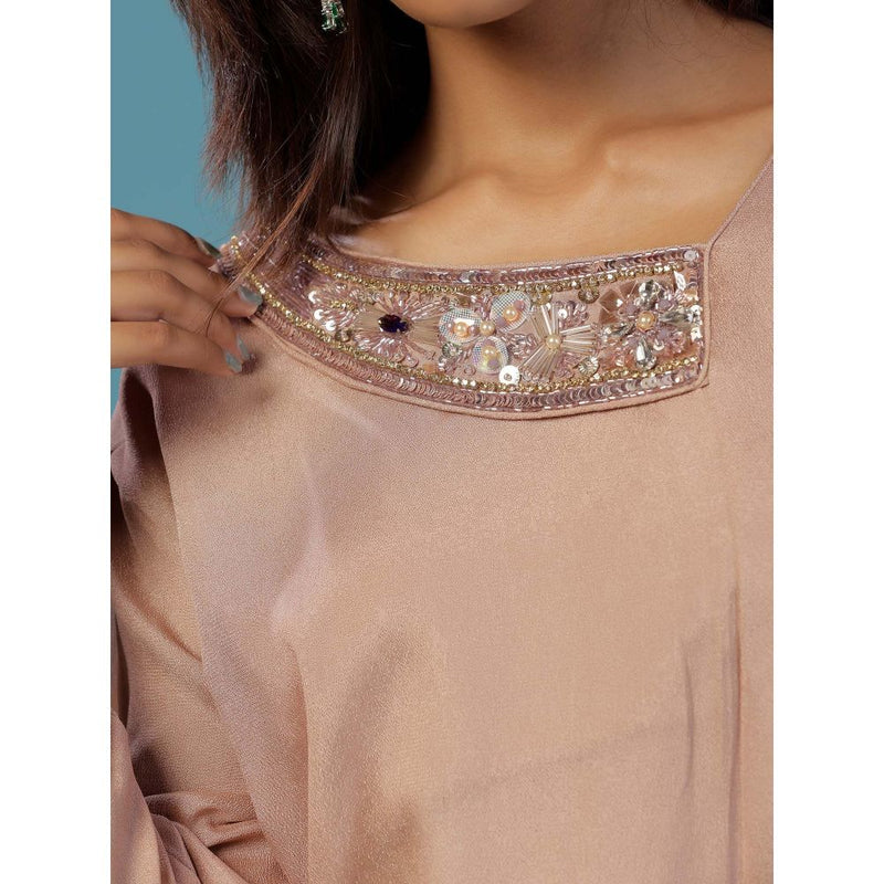 "Two Sisters" by Gyans Taupe Chinnon Hand Embellished Asymmetric Kurta With Palazzo (Set of 2)
