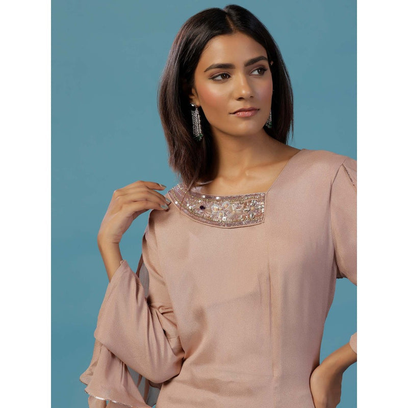 "Two Sisters" by Gyans Taupe Chinnon Hand Embellished Asymmetric Kurta With Palazzo (Set of 2)
