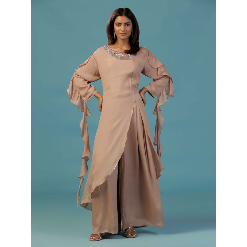 "Two Sisters" by Gyans Taupe Chinnon Hand Embellished Asymmetric Kurta With Palazzo (Set of 2)
