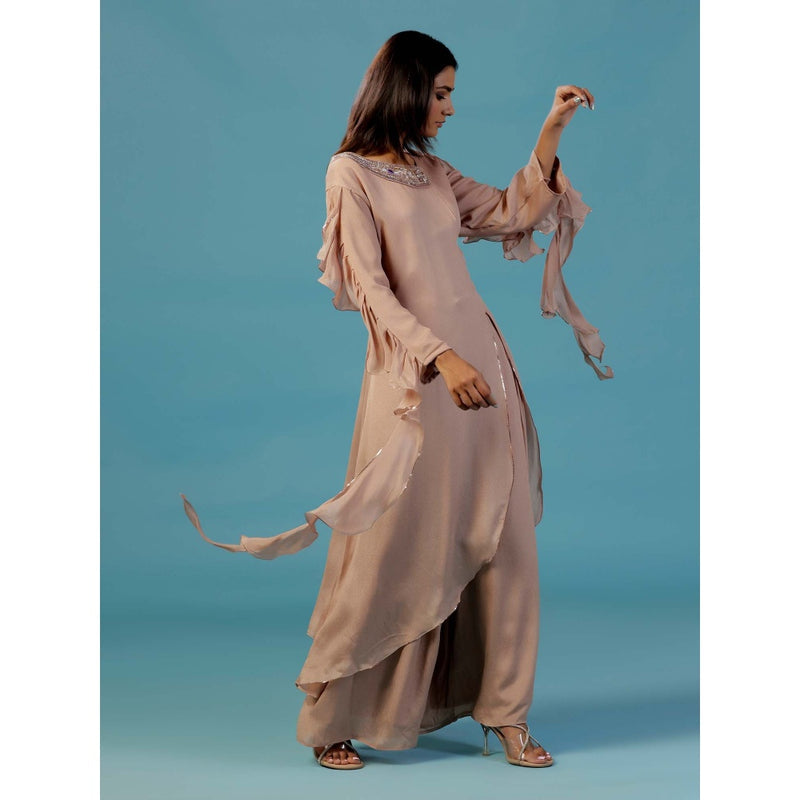 "Two Sisters" by Gyans Taupe Chinnon Hand Embellished Asymmetric Kurta With Palazzo (Set of 2)