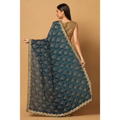 "Two Sisters" by Gyans Teal Gold Jaal Embroidered Saree with Unstitched Blouse