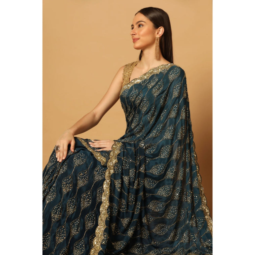 "Two Sisters" by Gyans Teal Gold Jaal Embroidered Saree with Unstitched Blouse