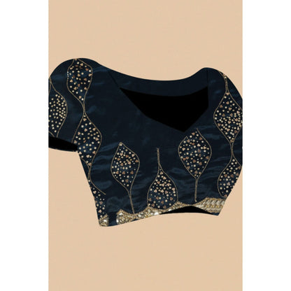 "Two Sisters" by Gyans Teal Gold Jaal Embroidered Saree with Unstitched Blouse