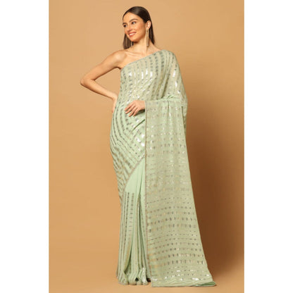 "Two Sisters" by Gyans Green Georgette Embroidered Pre-draped Saree with Unstitched Blouse